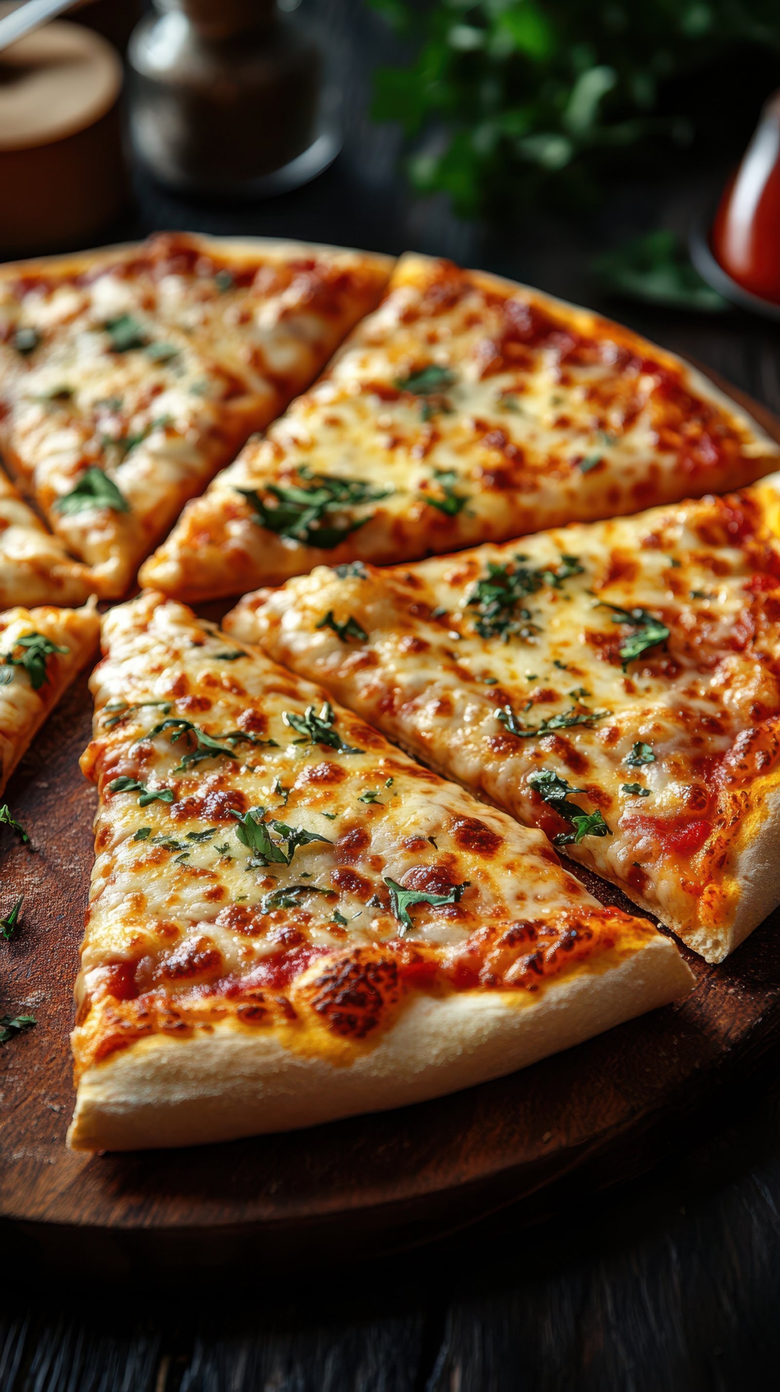 Delicious cheesy pizza served on a wooden platter with fresh herbs at a cozy pizzeria during the evening